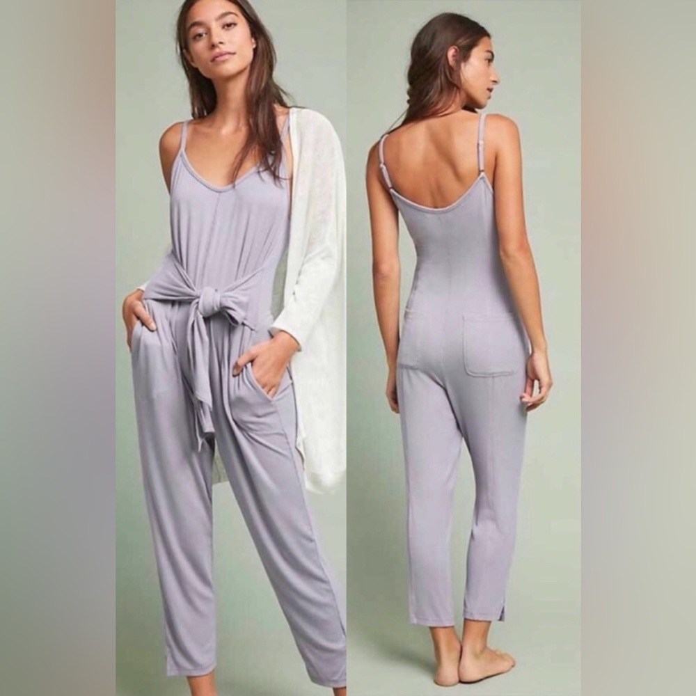 Anthropologie lavender ribbed tie waist Jumpsuit L Oversized Lounge cozy travel